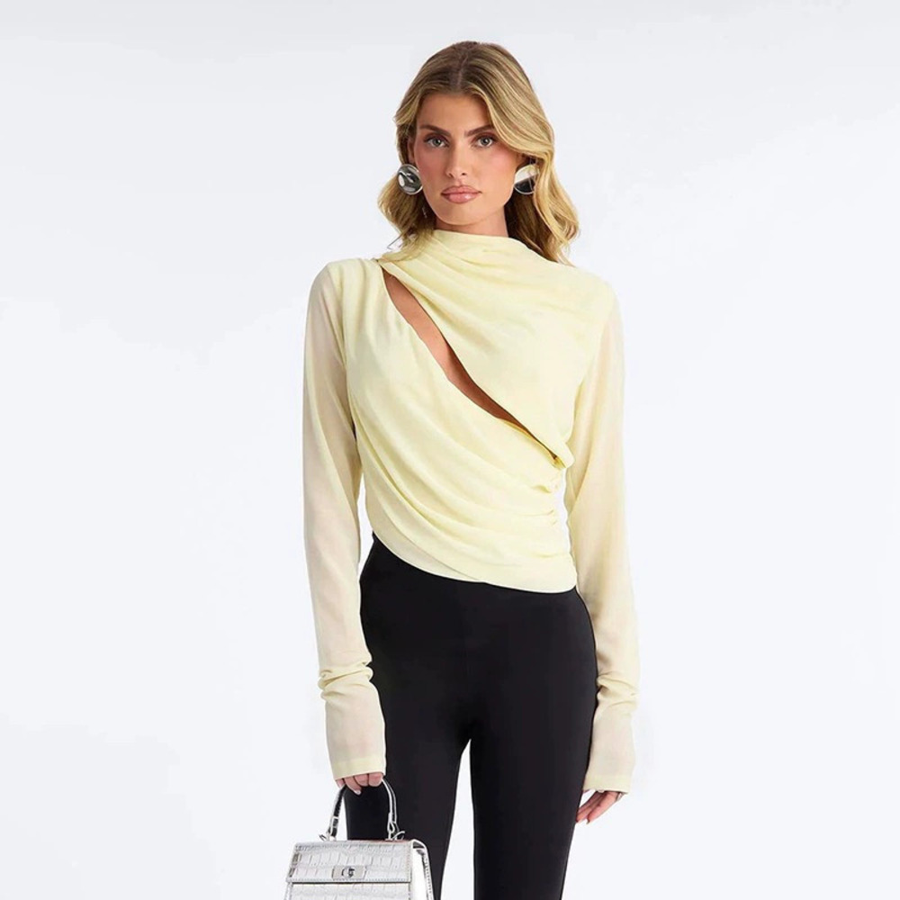 Zara Slouchy Turtleneck Cutout Asymmetric Ruched Cropped Long Sleeve Top